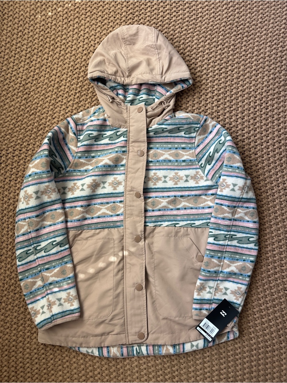 NWT Billabong Sherpa Bonded Polar Fleece Quilted Tech Jacket Toffee S
